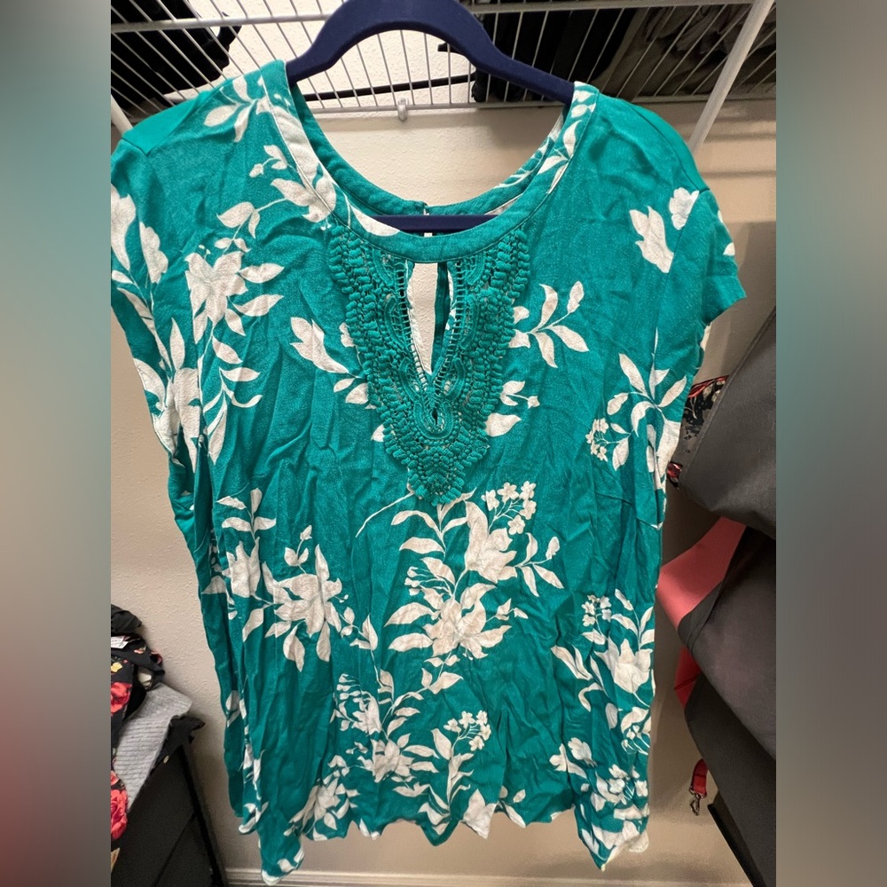 Teal blouse with white flower print